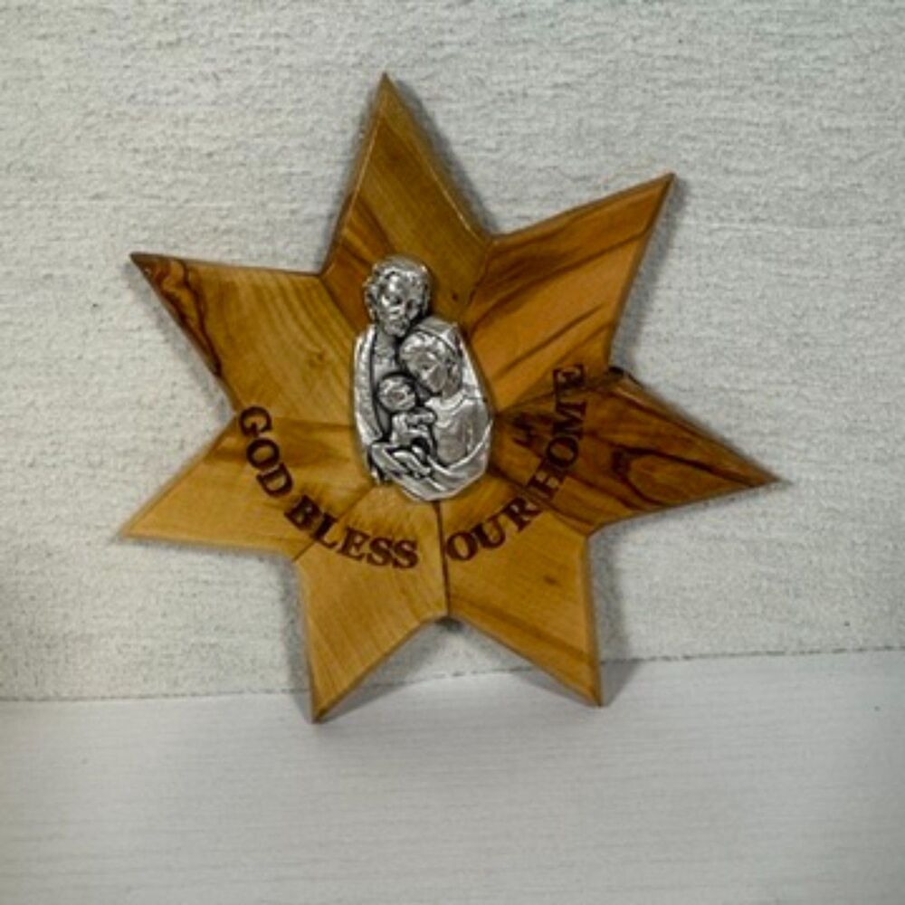 Olive Wood Star of Bethlehem Plaque Holy‎ Family Metal Pewter Overlay